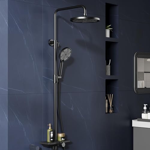 Duschsystem Mit Duschkopf Edelstahl Verstellbare DuschsäUle Duschstange ÜBerkopfbrause Set Regendusche Ohne Armatur Mit Ablage, Kopfbrause Round 25cm Schwarz Duschsystem Mit Duschkopf Edelstahl Verstellbare DuschsäUle Duschstange ÜBerkopfbrause Set Regendusche Ohne Armatur Mit Ablage, Kopfbrause Round 25cm Schwarz von Garvee