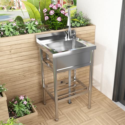 Edelstahl Werkbank Spülbecken,Freistehende Einzelbecken-Spüle, Freistehende Tragbare Spüle Mit Ständer Und Wasserhahn,Für Outdoor,Hinterhof, Küche,Restaurant,Garage 60x51x107cm Edelstahl Werkbank Spülbecken,Freistehende Einzelbecken-Spüle, Freistehende Tragbare Spüle Mit Ständer Und Wasserhahn,Für Outdoor,Hinterhof, Küche,Restaurant,Garage 60x51x107cm von Garvee
