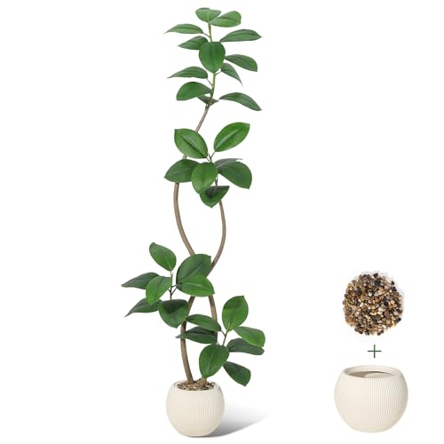 Garvee 180cm Künstliche Pflanze Gummibaum mit Cremefarben Kugel Topf Pflanzer&Stein Fiddle Feigenbaum Indoor Künstlicher Baum hohe Pflanze gefälschte Baum Tropische große Boden Baum von Garvee