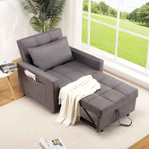 Garvee 3-in-1 Schlafsessel Sofa Bett, Klappbares Einzel Sofa mit weichem Kissen, Aufbewahrungstaschen und Verstellbarer Rückenlehne, Leinenstoff Sofa Bed Chair 86x192cm,Dunkelgrau von Garvee