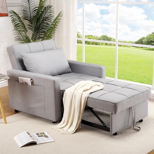 Garvee 3-in-1 Schlafsessel Sofa Bett, Klappbares Einzel Sofa mit weichem Kissen, Aufbewahrungstaschen und Verstellbarer Rückenlehne, Leinenstoff Sofa Bed Chair 86x192cm,Hellgrau von Garvee