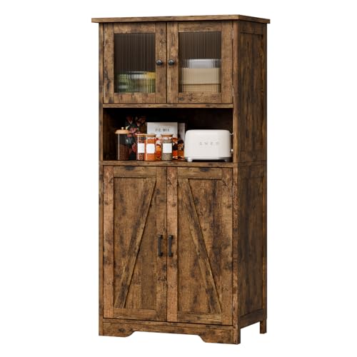 Garvee Badschrank Mit 4 Türen Und Offene Ablagefächer, Badezimmerschrank Mit Verstellbaren Regalen, Badkommode Aufbewahrungsschrank Für Badezimmer, Küche, Wohnzimmer Verstellbare Trennwände (Vintage von Garvee