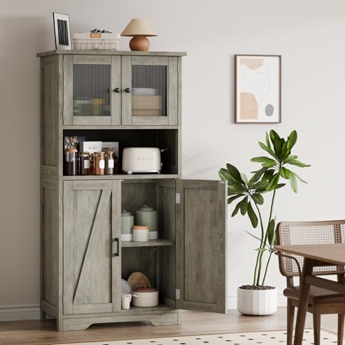 Garvee Badschrank Mit 4 Türen Und Offene Ablagefächer,Badezimmerschrank Mit Verstellbaren Regalen, Badkommode Aufbewahrungsschrank Für Badezimmer, Küche, Wohnzimmer Verstellbare Trennwände (Grau von Garvee