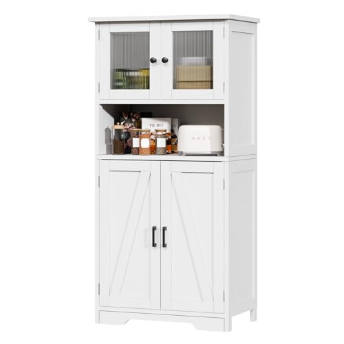Garvee Badschrank Mit 4 Türen Und Offene Ablagefächer,Badezimmerschrank Mit Verstellbaren Regalen, Badkommode Aufbewahrungsschrank Für Badezimmer, Küche, Wohnzimmer Verstellbare Trennwände (Weiß von Garvee