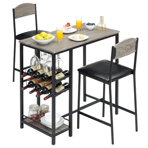 Garvee Bartisch Set 3-Teilig, Tresentisch Mit 2 Barhocker, Esstisch Mit 1 Ablagen & 2-Stufigem Weinregal & Glashalter, Essgruppe 2 Personen Industriedesign, Grau von Garvee