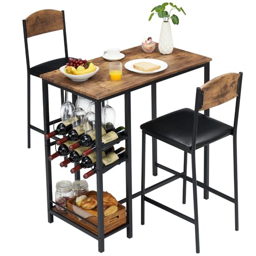 Garvee Bartisch Set 3-Teilig, Tresentisch Mit 2 Barhocker, Esstisch Mit 1 Ablagen & 2-Stufigem Weinregal & Glashalter, Essgruppe 2 Personen Industriedesign, Vintagebraun von Garvee