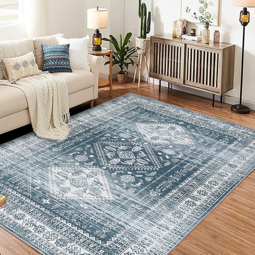 Garvee Boho-Teppich für Wohnzimmer, waschbar, abstrakte Matratze, rutschfest, niedriger Flor, weiche Teppiche mit Gummi-Rückseite, Küchenteppich für Esszimmer, Büro, Heimdekoration (Blaugrün) von Garvee