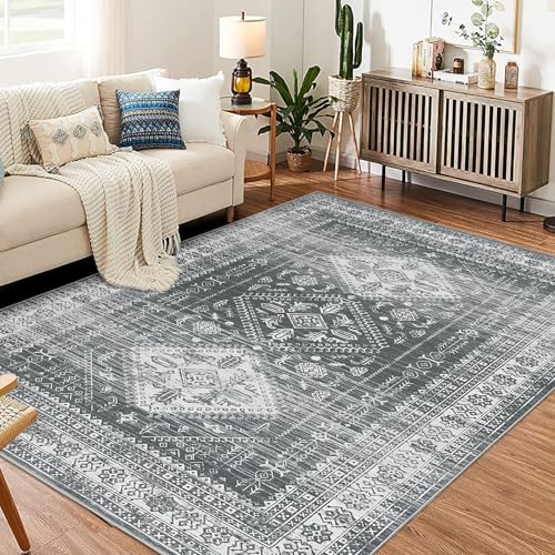 Garvee Boho-Teppich für Wohnzimmer, waschbar, abstrakte Matratze, rutschfest, niedriger Flor, weiche Teppiche mit Gummi-Rückseite, Küchenteppich für Esszimmer, Büro, Heimdekoration (dunkelgrau) von Garvee