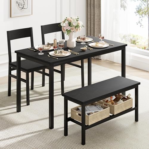 Garvee Essgruppe 4-Teilig, Mit Esstisch 115 * 70 * 76Cm, 2 Stühlen, Eine Sitzbank In Metallgestell, Rechteckig Küchentisch-Set Mit Ablagefläche Für Wohnzimmer, Esszimmer, Schwarz von Garvee