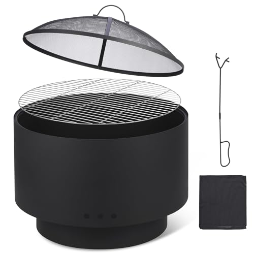 Garvee Feuerschale Mit Funkenschutz, Kohlerost Und Schürhaken, 66 cm, Hitzebeständige Beschichtung, Stabile Füße, Wohlige Wärme & Gesellige Abende, Für Garden Terrasse Feuerkorb Feuerstelle von Garvee