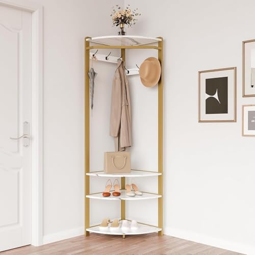 Garvee Garderobenständer Kleiderständer Garderobe mit 6 Doppelhaken 2 Ablagen Aufbewahrungsregal für Schuhe und Boxen Offene Kleiderständer platzsparend für Schlafzimmer Wohnzimmer Flur und Büro Gold Garvee Garderobenständer Kleiderständer Garderobe mit 6 Doppelhaken 2 Ablagen Aufbewahrungsregal für Schuhe und Boxen Offene Kleiderständer platzsparend für Schlafzimmer Wohnzimmer Flur und Büro Gold von Garvee
