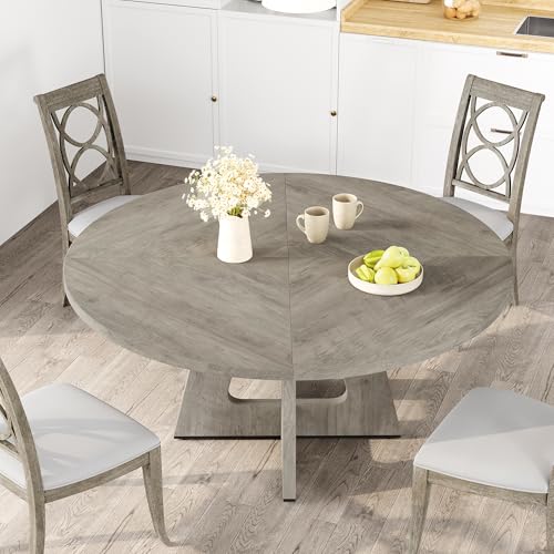 Garvee Grau Runder Esstisch, Moderner Küchentisch Aus Holz,120Cm Industrieller Kleiner Esszimmertisch Für 4 Bis 6 Personen, Bauernhaus-Kaffee-Esszimmertisch Für Zuhause, Küche, Wohnzimmer von Garvee