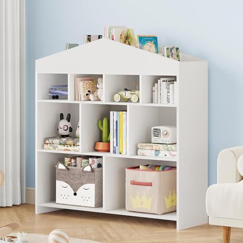 Garvee Kinder Bücherregal Hausform Regal Kinderregal Aufbewahrungsregal für Kinder Kinderzimmerregal mit 4 Ebenen Spielzeug Organizer Kindermöbel für Kindergarten Spielzimmer, Weiß 103.5x100x30 cm von Garvee