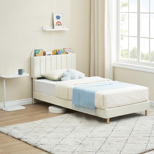 Garvee Kinderbett 100 x 200 cm, Polsterbett Einzelbett Bettgestell mit Stauraum-Kopfteil und Lattenrost, samtgepolstertes Samt-Bettrahmen Jugendbett für Jungen & Mädchen, Beige Garvee Kinderbett 100 x 200 cm, Polsterbett Einzelbett Bettgestell mit Stauraum-Kopfteil und Lattenrost, samtgepolstertes Samt-Bettrahmen Jugendbett für Jungen & Mädchen, Beige von Garvee
