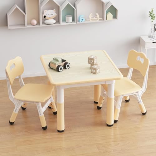 Garvee Kindertisch Mit 2 Stühlen, Kindertisch Set 3-TLG Kindermöbel Kindersitzgruppe Höhenverstellbar Mit Graffiti-Schreibtisc Für Kinderzimmer, Spielzimmer, Vorschüler, Holzfarbe von Garvee