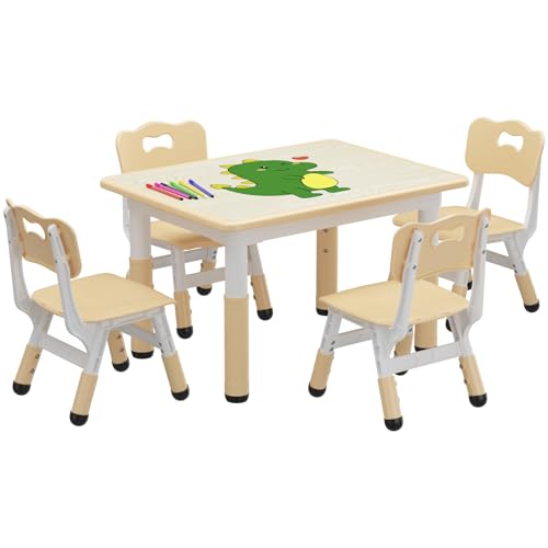 Garvee Kindertisch Mit 4 Stühlen, Kindertisch Set 5-TLG Kindermöbel Kindersitzgruppe Höhenverstellbar Mit Graffiti-Schreibtisc Für Kinderzimmer, Spielzimmer, Vorschüler, Holzfarbe von Garvee