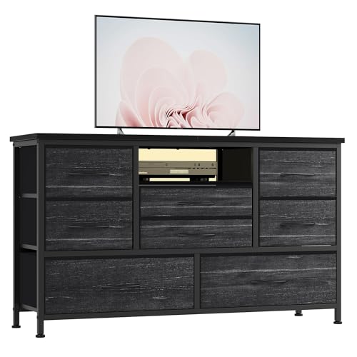 Garvee Kommode Mit 8 Schubladen, 3 Steckdosen & 2 USB, TV-Schrank Mit LED-Licht, Ladestation, Kommode Für Schlafzimmer, Wohnzimmer, Flur Mit Metallstruktur, Tischplatte Aus Holz(Schwarz/Grau) von Garvee