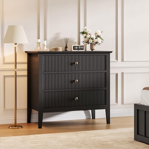 Garvee Schwarze geriffelte Kommode mit 3 Schubladen, 80 cm breit, Kommode für Schlafzimmer, Moderne Holzkommode, großer lackierter Nachttisch mit 3 Schubladen für Schrank, Flur, Eingangsbereich Garvee Schwarze geriffelte Kommode mit 3 Schubladen, 80 cm breit, Kommode für Schlafzimmer, Moderne Holzkommode, großer lackierter Nachttisch mit 3 Schubladen für Schrank, Flur, Eingangsbereich von Garvee