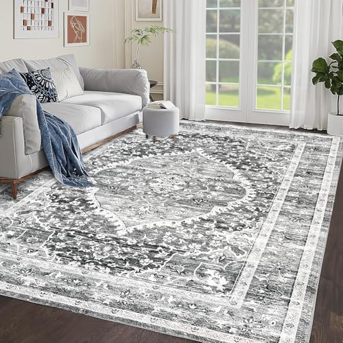 Garvee Teppich, waschbar, für Wohnzimmer, kein Flor, Boho-Teppich für Eingangsbereich, Schlafzimmer, Esszimmer, Vintage-Teppichdruck, Used-Look, rutschfest, Grau Garvee Teppich, waschbar, für Wohnzimmer, kein Flor, Boho-Teppich für Eingangsbereich, Schlafzimmer, Esszimmer, Vintage-Teppichdruck, Used-Look, rutschfest, Grau von Garvee