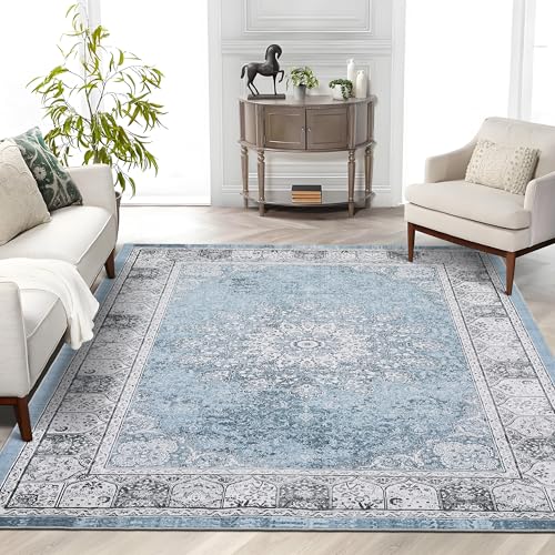 Garvee Teppich im Vintage-Stil, neutrales Muster, waschbar, Boho-Teppich, schmutzabweisend, rutschfest, groß, weich, für Wohnzimmer, Esszimmer und Heimdekoration, fusselfrei, niedriger Flor, Blau und Garvee Teppich im Vintage-Stil, neutrales Muster, waschbar, Boho-Teppich, schmutzabweisend, rutschfest, groß, weich, für Wohnzimmer, Esszimmer und Heimdekoration, fusselfrei, niedriger Flor, Blau und von Garvee