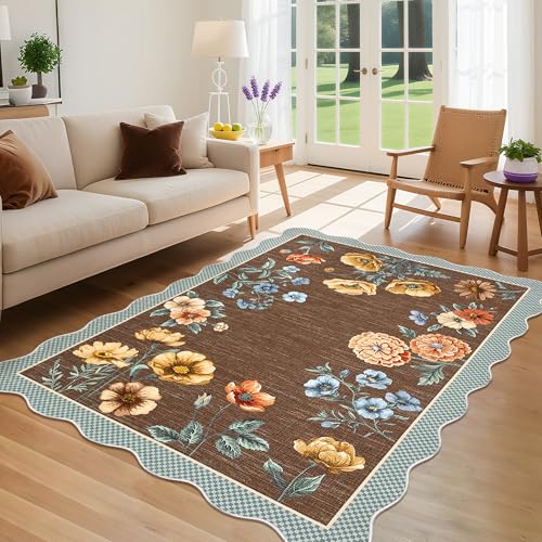 Garvee Teppich mit Blumenmuster, gewellt, für Wohnzimmer, weicher botanischer Druck, Schlafzimmer-Teppich mit rutschfester Unterseite, ultradünn, schmutzabweisend, Überwurf, Teppich für Eingang von Garvee