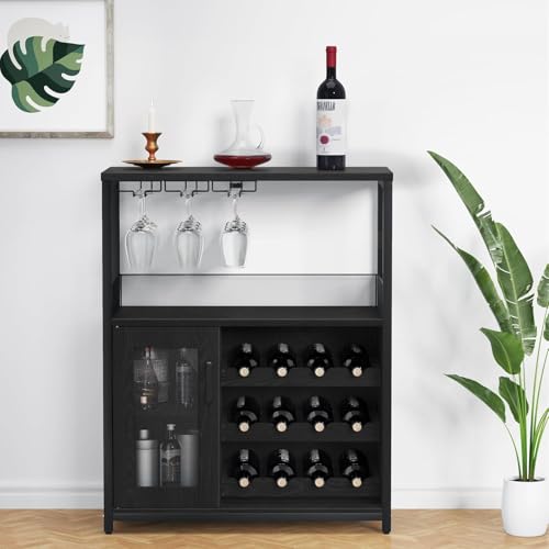Garvee Weinschrank Weinregal Industrial Barschrank mit Verstellbarem Weinregal und Glashalter Getränkeaufbewahrung Weinbarschrank für Küche Esszimmer Wohnzimmer 70x35x92cm Schwarz von Garvee