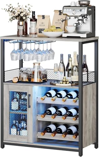 Garvee Weinschrank Weinregal Industrial mit Led Licht Barschrank mit Verstellbarem Weinregal und Glashalter Getränkeaufbewahrung Weinbarschrank für Küche Esszimmer Wohnzimmer 70x35x92cm Grau von Garvee