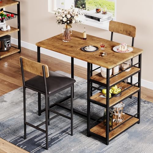 Garvee Bartisch Set 3-Teilig Stehtisch Esstisch mit 2 Stühlen Essgruppe mit Rückenlehne Küchentisch mit 3 Ablagen für Esszimmer Küche Bistro Retro von Garvee