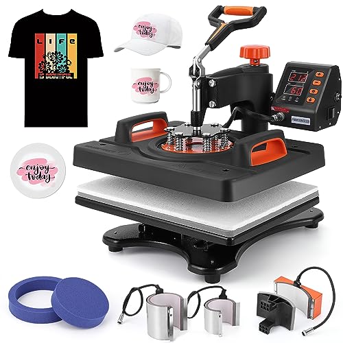Heat Press Machine, 12 x 38.1 cm, 6 in 1 Heat Press, 800W Sublimation Machine, 360° Rotation Swing-Away Heat Press, Dual Tube Heating Printing for DIY T-Shirts Cap Mugs von Garvee