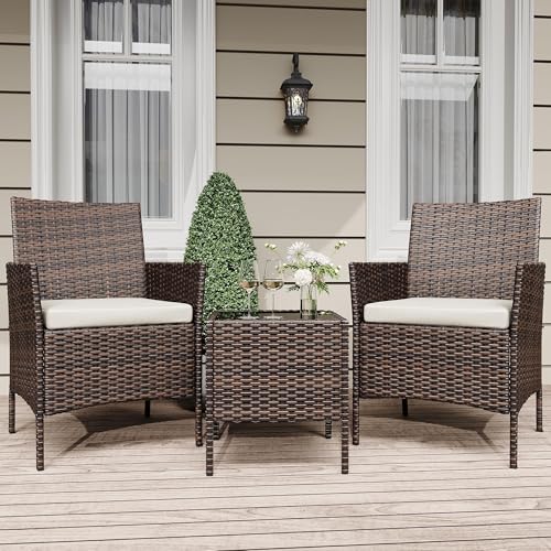 Rattan Gartenmöbel Set, Balkonmöbel Set mit Wetterfeste Gartentisch und 2 Stühlen, Balkon Sessel Set Lounge Gartenmöbel Garten Sitzgruppe Gartengarnitur Patio Furniture 3 Teiliges (Braun) von Garvee