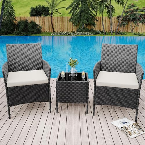 Rattan Gartenmöbel Set, Balkonmöbel Set mit Wetterfeste Gartentisch und 2 Stühlen, Balkon Sessel Set Lounge Gartenmöbel Garten Sitzgruppe Gartengarnitur Patio Furniture 3 Teiliges (schwarz) von Garvee