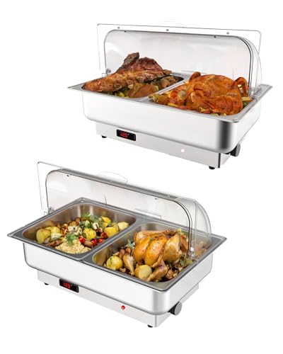 Elektrische Chafing Dishes Einstellbare Temperatur Rolltop Speisenwärmer mit 2 x 4,5 QT Größe Pfannen, Edelstahl Buffet Servierbesteck und Wärmer Temperaturanzeige Speisenwärmer Transparenter Deckel von GarveeHome