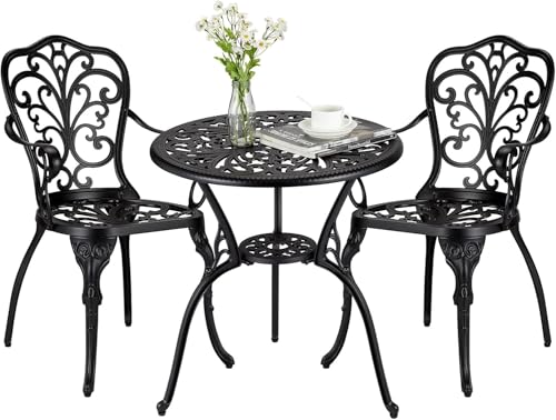 GarveeHome 3-teiliges Outdoor-Bistro-Set, Aluminiumguss, Terrassentisch und Stühle, 2er-Set, mit Schirmloch, rostbeständig, wetterfest, Balkonmöbel für Hinterhof, Veranda, Schwarz GarveeHome 3-teiliges Outdoor-Bistro-Set, Aluminiumguss, Terrassentisch und Stühle, 2er-Set, mit Schirmloch, rostbeständig, wetterfest, Balkonmöbel für Hinterhof, Veranda, Schwarz von GarveeHome