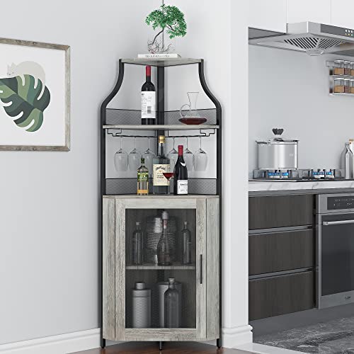 GarveeHome Eck-Weinschrank mit abnehmbarem Weinregal, 5-stöckiger industrieller Eck-Barschrank mit Scheunentür und Glashalter, Bauernhaus-Buffetschrank und Hausbar, Grau von GarveeHome