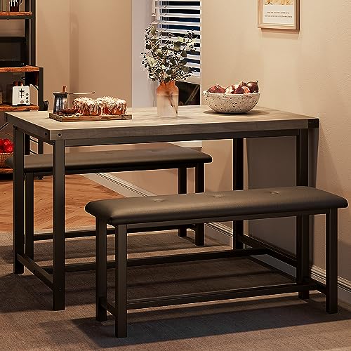 GarveeHome Esstisch-Set für 4 Personen, Küchentisch mit 2 gepolsterten Bänken, Holz, Küche, Esszimmer-Set, für kleine Räume, Wohnung, Zuhause, Abendessen, Retro-Grau von GarveeHome