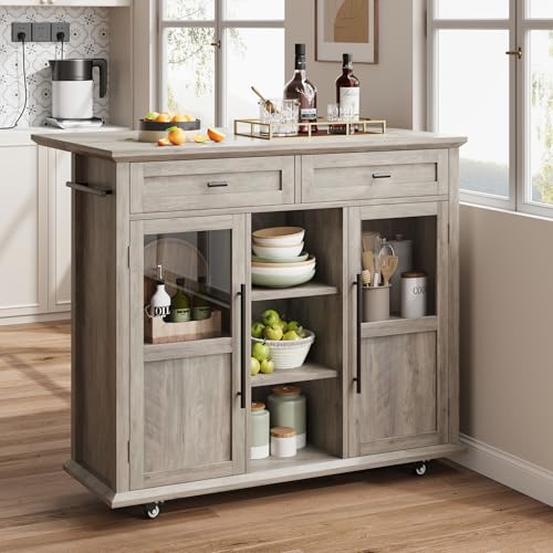GarveeHome Farmhouse Rollbare Kücheninsel, mobiler Tisch mit Klappblatt, 2 Glastürenschränken, 3 offene Regale und 2 Schubladen, 104,1 cm, Grau von GarveeHome