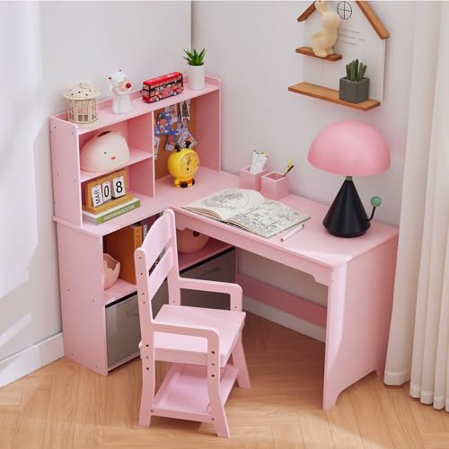 GarveeHome Kinder-Schreibtisch- und Stuhl-Set, Kinder-Eckschreibtisch, Kinderzimmertisch mit Bücherregal, Stoffschublade und Pinnwand für Mädchen, Rosa von GarveeHome