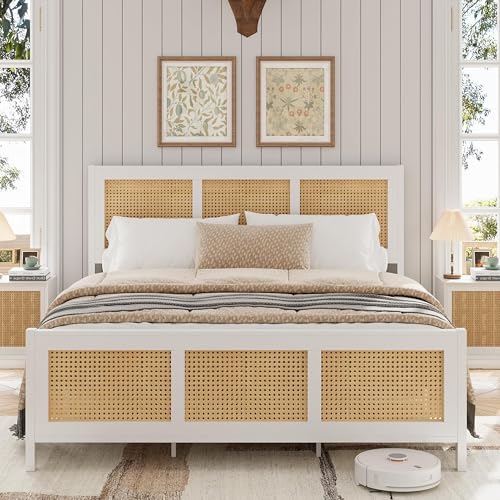 GarveeHome King Size Rattan-Bettgestell mit Kopfteil, weißer Boho-Stangen-Plattform-Bettrahmen mit starker Metalllatte, geräuschfrei, kein Boxspringbett erforderlich von GarveeHome