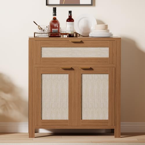 GarveeHome Rattan Buffetschrank mit Stauraum, Boho Credenza Sideboard Schrank mit Schublade und verstellbaren Regalen, Bauernhaus Buffettisch Konsole Kaffeebar Schränke für Eingangsbereich Wohnzimmer von GarveeHome