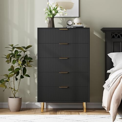GarveeHome Schwarze Kommode mit 5 Schubladen für Schlafzimmer, 121,9 cm hohe Kommode mit Schubladen, moderner Holzaufbewahrungs-Organizer mit goldfarbenen Metallgriffen und Kippschutz für Flur GarveeHome Schwarze Kommode mit 5 Schubladen für Schlafzimmer, 121,9 cm hohe Kommode mit Schubladen, moderner Holzaufbewahrungs-Organizer mit goldfarbenen Metallgriffen und Kippschutz für Flur von GarveeHome