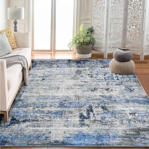 GarveeHome Waschbarer Teppich, rutschfest, abstrakte Teppiche, weiche Kunstwolle, Wohnzimmerteppich, Niederflor-Teppiche für Wohnzimmer, Schlafzimmer, Esszimmer, Blau von GarveeHome