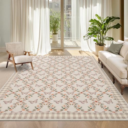 GarveeHome Waschbarer Teppich für Wohnzimmer, weich, rutschfest, Bauernhaus-Schlafzimmer, botanischer Blumen- und Schmetterlingsdruck, großer moderner Akzent-Teppich für Esszimmer, Heimbüro, Taupe von GarveeHome