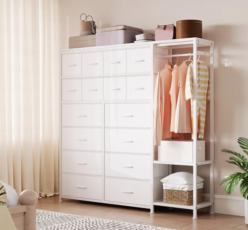 Hohe Kommode für Schlafzimmer mit 16 Schubladen & Kleiderständer & 2 Aufbewahrungsregalen, Stoffkommoden und Kommoden, großer Schrankkommode zur Aufbewahrung und Organisation (allgemeiner Hohe Kommode für Schlafzimmer mit 16 Schubladen & Kleiderständer & 2 Aufbewahrungsregalen, Stoffkommoden und Kommoden, großer Schrankkommode zur Aufbewahrung und Organisation (allgemeiner von GarveeHome