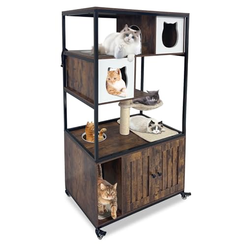 Kratzbaum mit Katzentoilette, 140 cm Höhe, Holz-Katzenturm Schrank mit Rädern, Hundesichere Ecke, versteckte Katzentoilette mit Höhle, Hängematte und Kratzbaum, Retrobraun Kratzbaum mit Katzentoilette, 140 cm Höhe, Holz-Katzenturm Schrank mit Rädern, Hundesichere Ecke, versteckte Katzentoilette mit Höhle, Hängematte und Kratzbaum, Retrobraun von GarveeHome