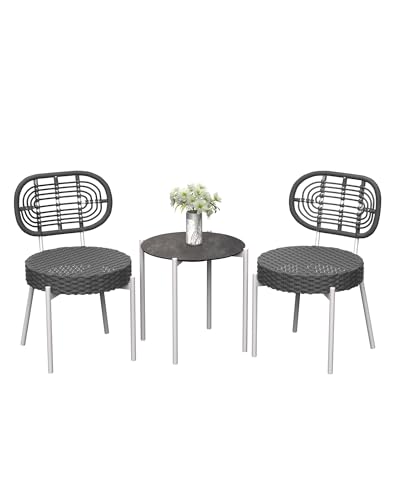3 Stück Rattan Patio Bistro Möbel Set Outdoor Esszimmerstühle Inklusive 2 Rattanstühlen und Tisch aus gehärtetem Glas für Garten, Hinterhof, Balkon, Wohnung, Weiß & Grau von GarveeLife