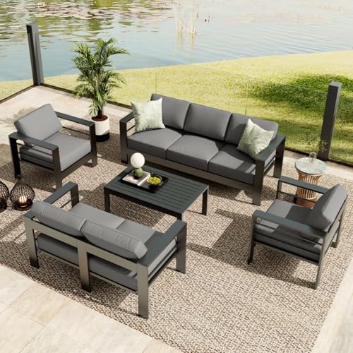 GarveeLife Aluminium-Terrassenmöbel-Set mit 7 Sitzen, 5-teilig, für den Außenbereich, Sektionalsofa mit 10,2 cm Armlehne, 12,7 cm dicken Kissen und Couchtisch, Dunkelgrau von GarveeLife