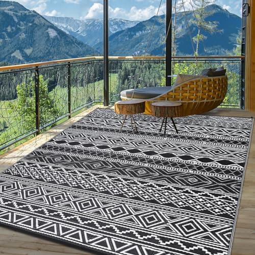 GarveeLife Extra großer wasserdichter Outdoor-Teppich, UV-beständig, wendbar, modern, geometrisch, Outdoor-Bodenmatte, faltbar, Kunststoff, Stroh, Terrassenteppich für Balkon, Hinterhof, Schwarz/Weiß von GarveeLife
