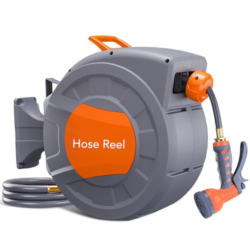 GarveeLife Gartenschlauchtrommel – Wasserschlauchtrommel mit 2,7 m x 1,27 cm einziehbarem Gartenschlauch, Sprühdüse mit 9 Funktionen, müheloses automatisches Aufrollen, 180° drehbare Wandhalterung von GarveeLife