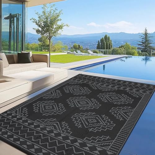 GarveeLife Großer Outdoor-Teppich, wasserdicht, leicht, tragbar, UV-beständig, Kunststoff, Stroh, Terrassenteppich, modern, wendbar, faltbar, Campingteppich für Wohnmobil, Balkon, Picknick, Schwarz von GarveeLife