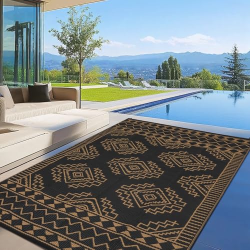 GarveeLife Großer Outdoor-Teppich, wasserdicht, leicht, tragbar, UV-beständig, Kunststoff, Stroh, Terrassenteppich, modern, wendbar, faltbar, Campingteppich für Wohnmobil, Balkon, Picknick, Schwarz von GarveeLife